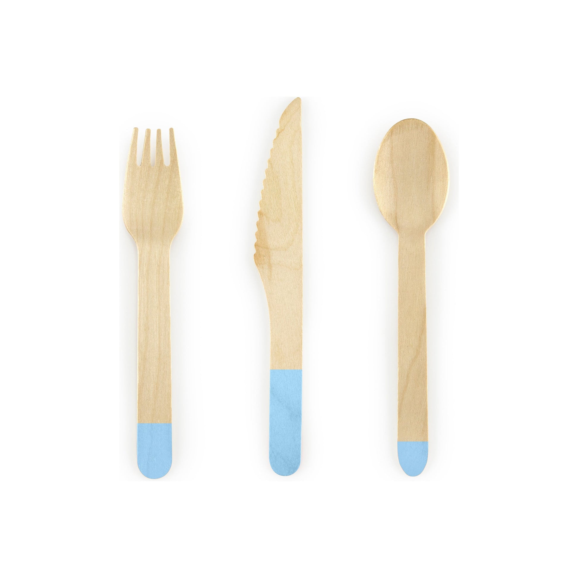 Set of wooden cutlery with blue dipped handles on a white background
