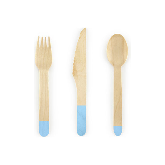 Set of wooden cutlery with blue dipped handles on a white background