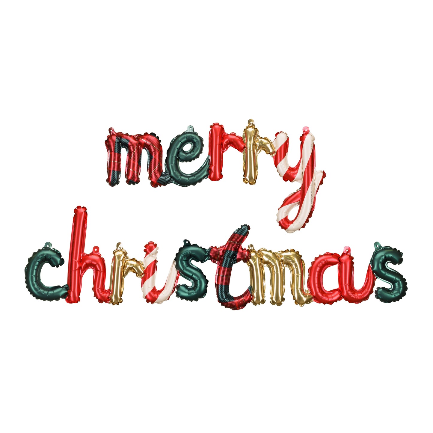 Merry Christmas message made of colorful balloons on a white background