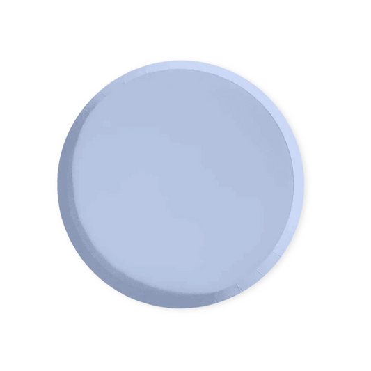 Round light blue paper plate on a white background