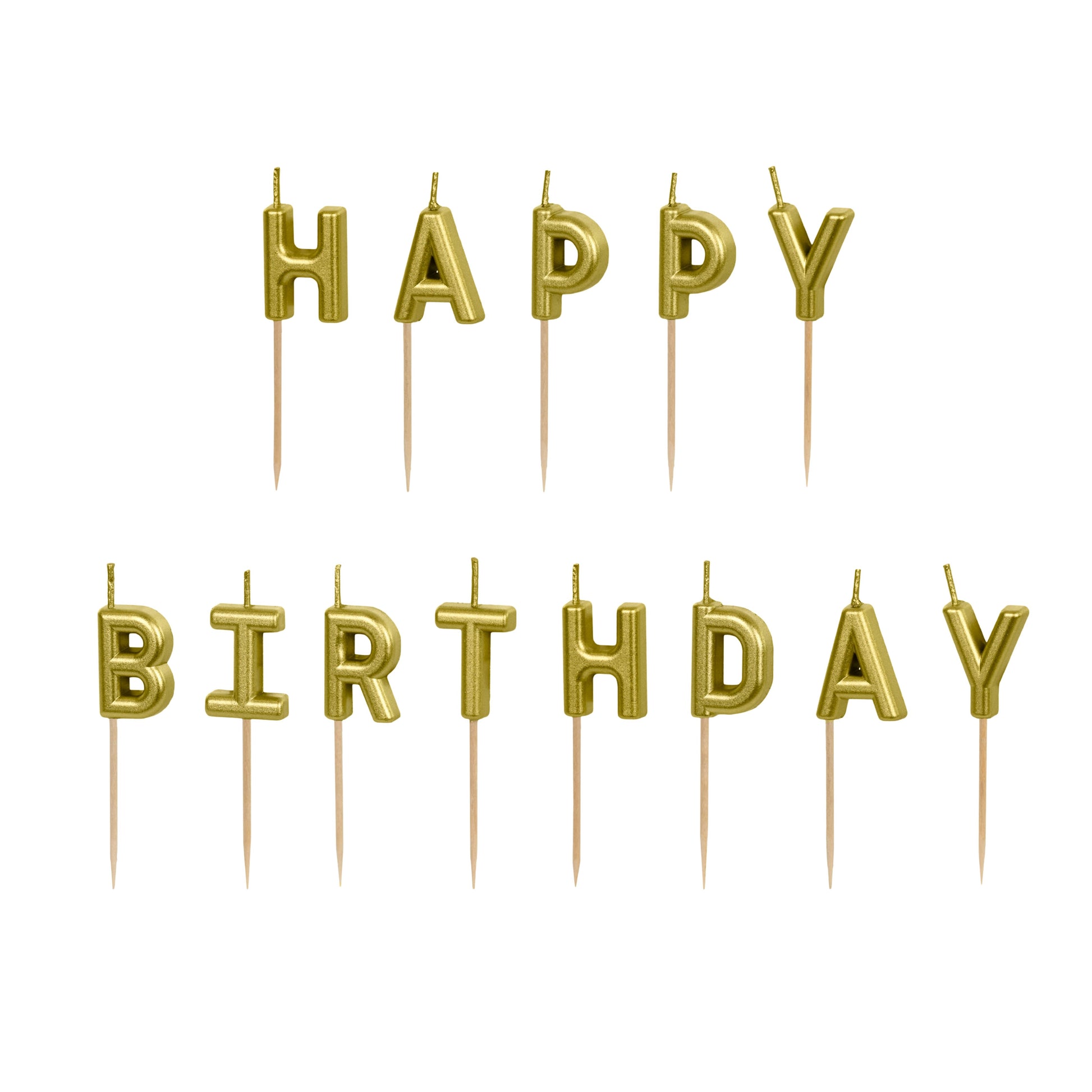 Gold birthday candles spelling 'Happy Birthday' on a white background