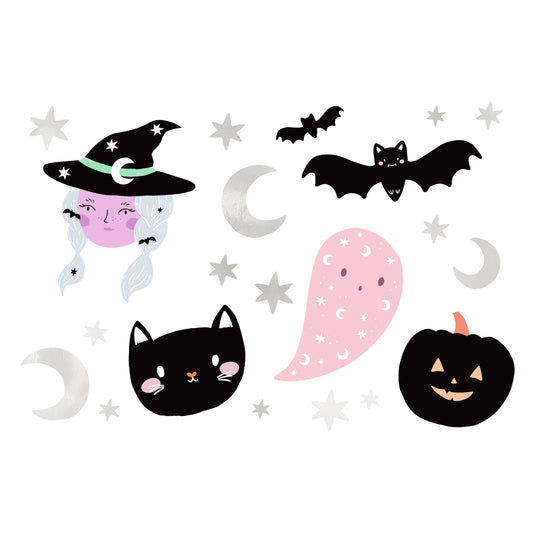 Halloween-themed tattoos including a witch, bats, a ghost, and a pumpkin on a white background.