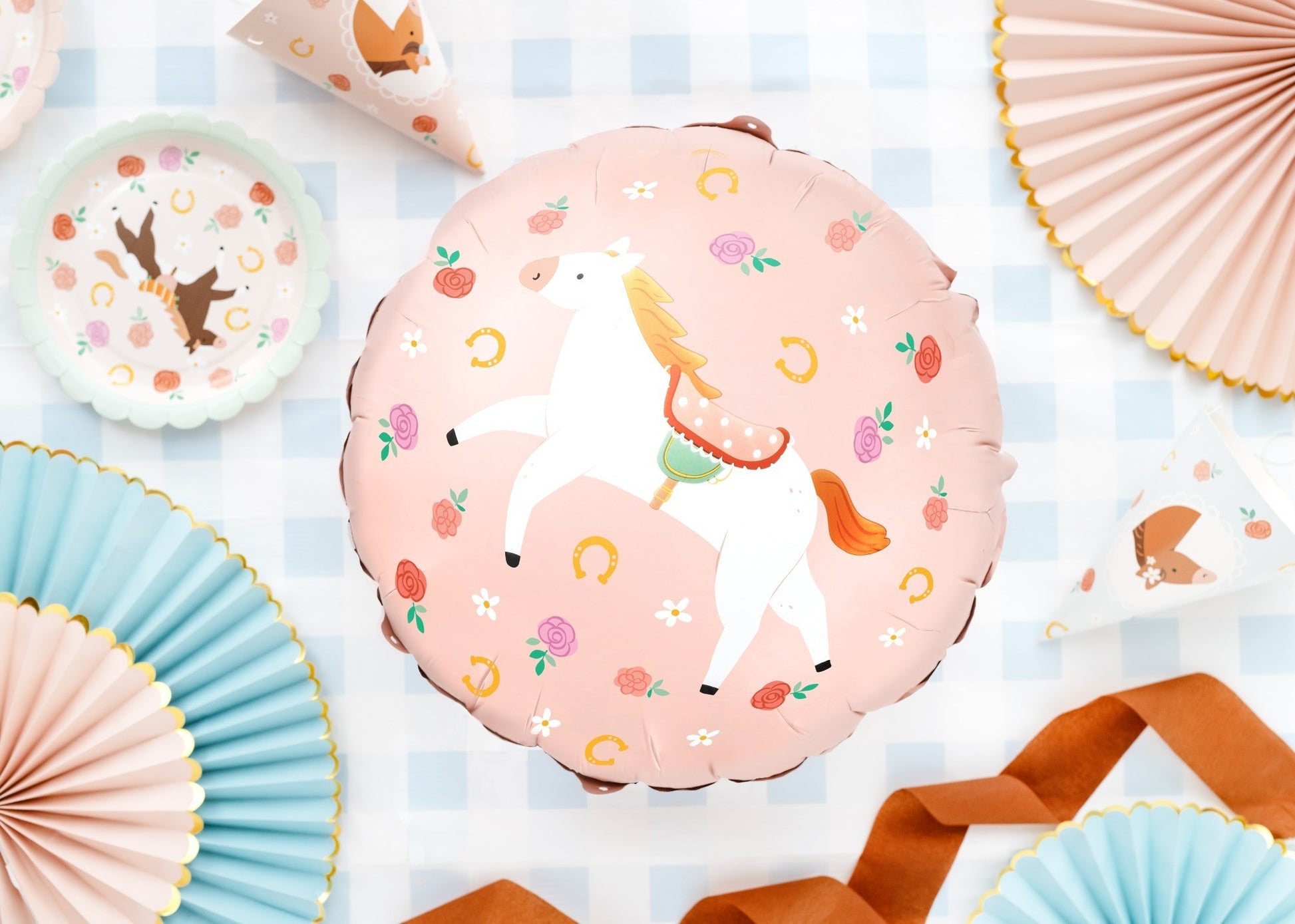 Round foil balloon with horse print and floral design for birthday party
