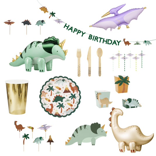 Dino themed party set with balloons, garland, tableware 