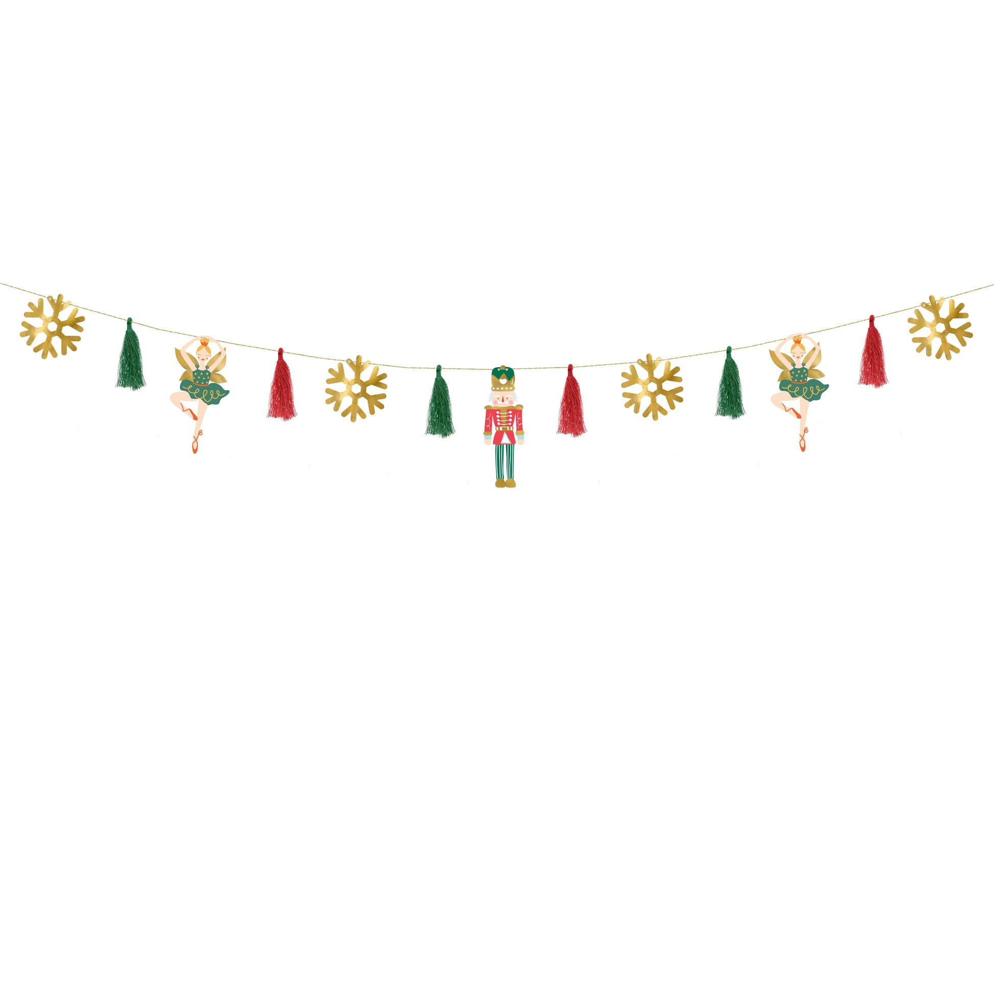 Decorative string with Christmas-themed ornaments on a white background