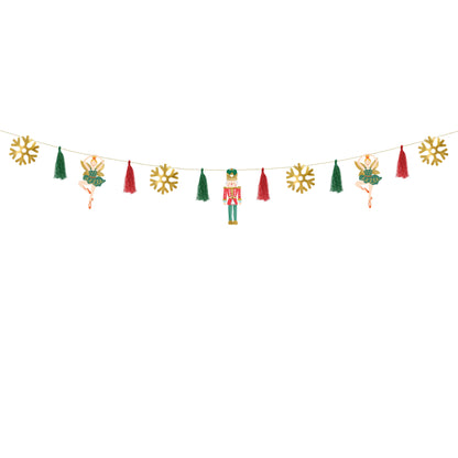 Decorative string with Christmas-themed ornaments on a white background