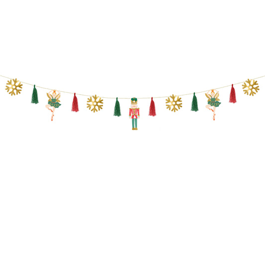 Decorative string with Christmas-themed ornaments on a white background