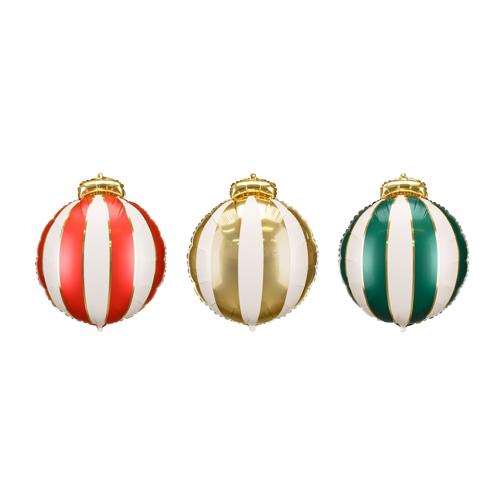 Three striped Christmas ornaments in red, gold, and green on a white background