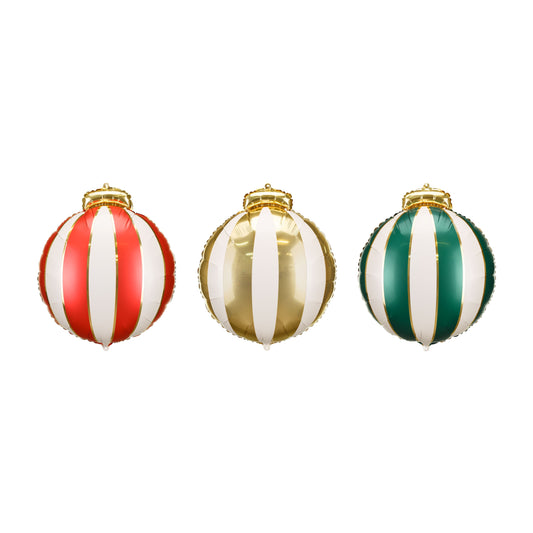 Three striped Christmas ornaments in red, gold, and green on a white background
