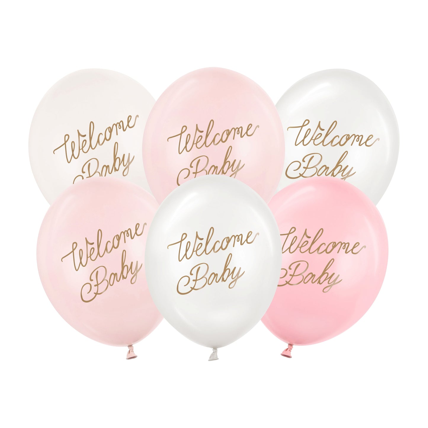 Balloons with 'Welcome Baby' text in gold on pink, white, and light pink balloons.