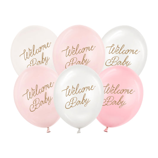 Balloons with 'Welcome Baby' text in gold on pink, white, and light pink balloons.