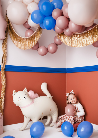 Large foil balloon shaped like a standing cat with pink heart, ideal for cat lovers' parties and birthdays.