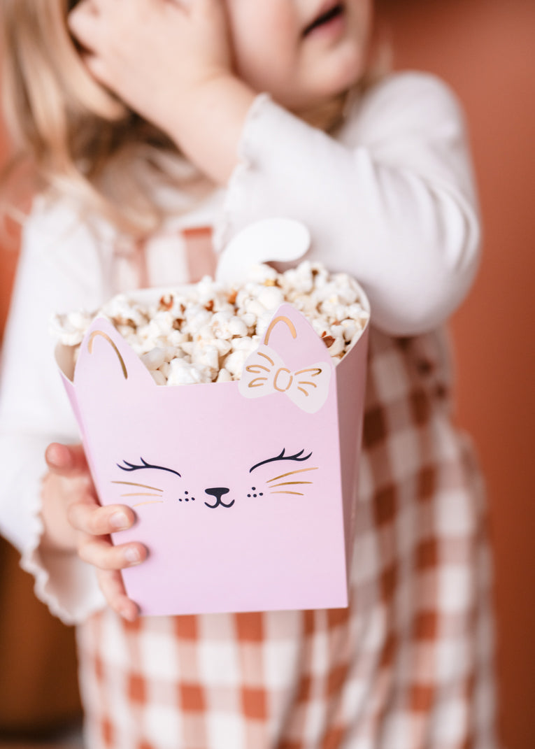 Pastel kitty-themed snack boxes with cute cat faces and gold details, perfect for holding treats at kitty birthday parties or cat-themed celebrations.