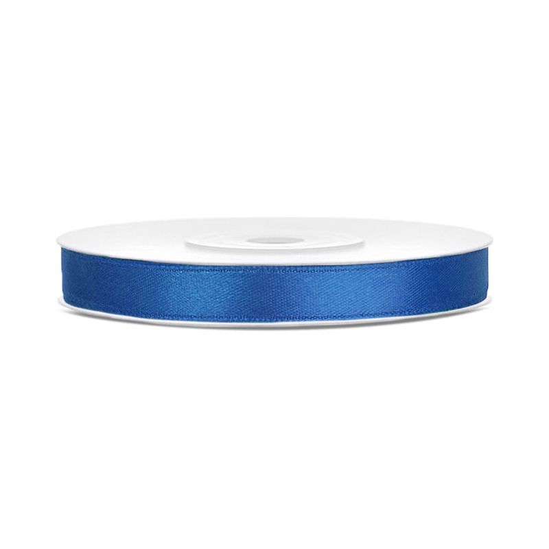 Roll of navy blue satin ribbon on a white background