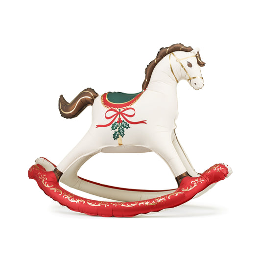 Decorative rocking horse with red and gold accents on a white background