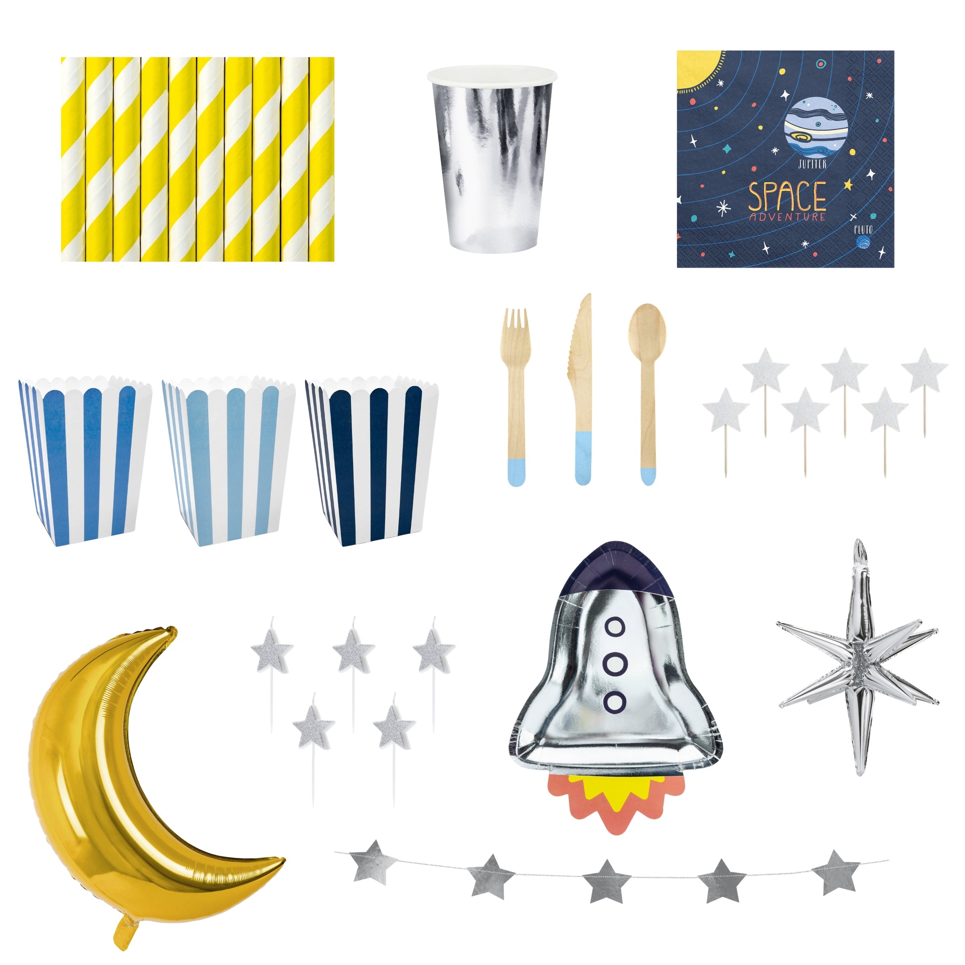 Collection of space-themed party supplies including straws, cups, plates, cutlery, and balloons on a white background.