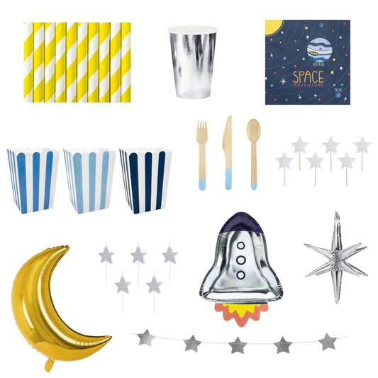 Collection of space-themed party supplies including straws, cups, plates, cutlery, and balloons on a white background.