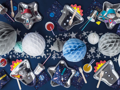 Rocket-shaped silver paper plate, perfect for space-themed kids party.