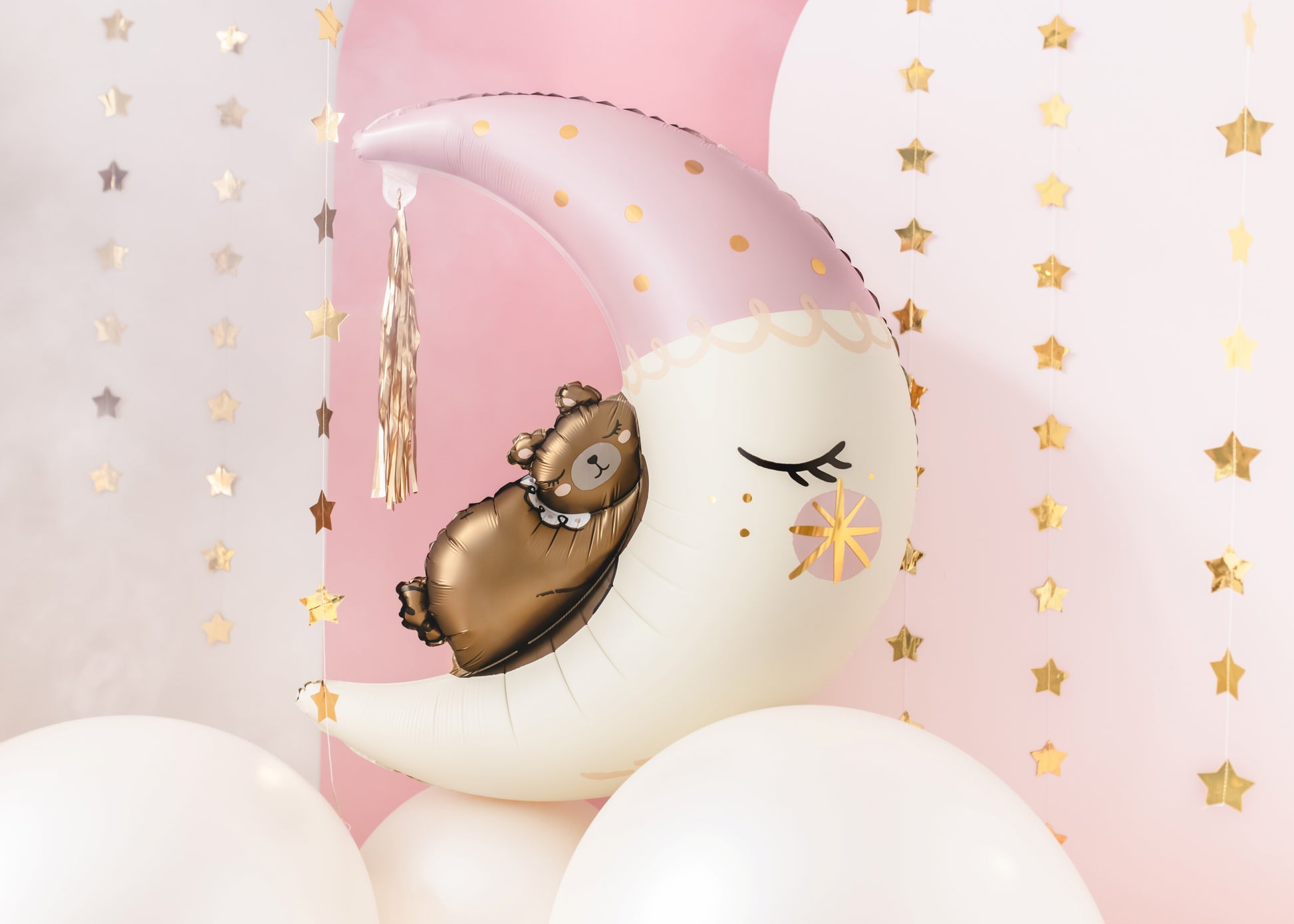 Pink moon foil balloon with teddy bear – charming foil balloon for baby girl welcome party