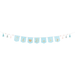 Oh Baby banner in blue with tassels – baby boy welcome party decoration