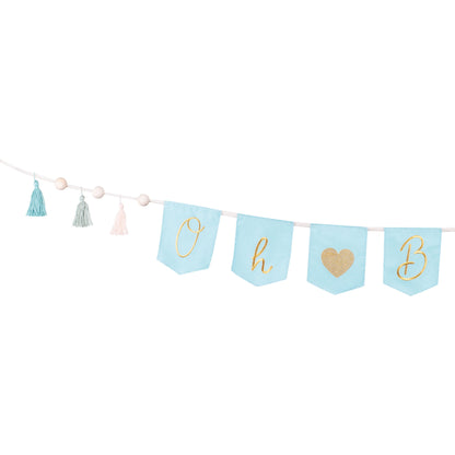 Oh Baby banner in blue with tassels – baby boy welcome party decoration