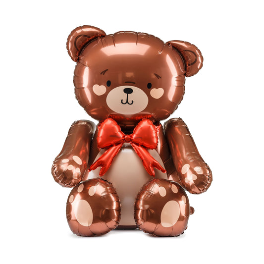 Large brown teddy bear foil balloon with red bow tie, perfect for kids' birthday party decorations
