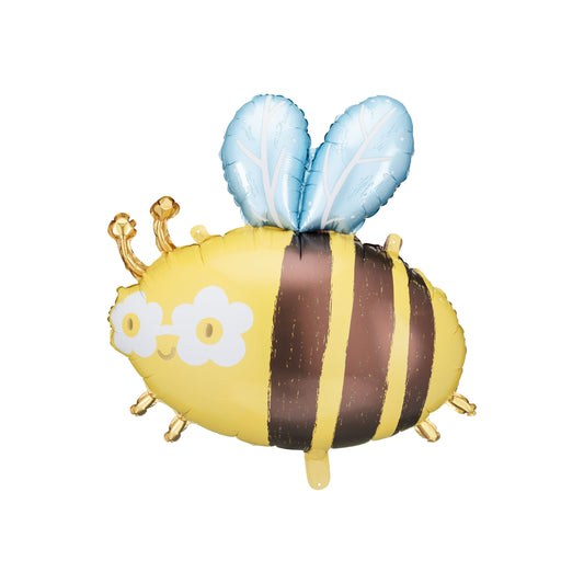 Cute bumblebee shaped foil balloon with blue wings and yellow stripes, ideal for party decoration