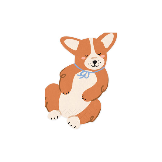 Corgi-shaped paper napkins with cute sleeping design and light blue ribbon, ideal for dog lovers' parties, birthdays and themed table decor