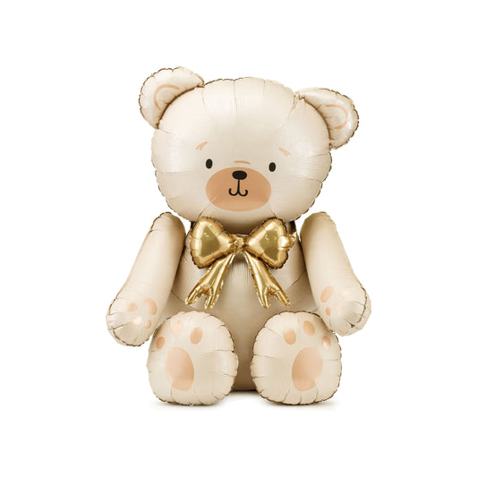 Charming cream teddy bear foil balloon with gold bow, ideal for baby showers or first birthdays
