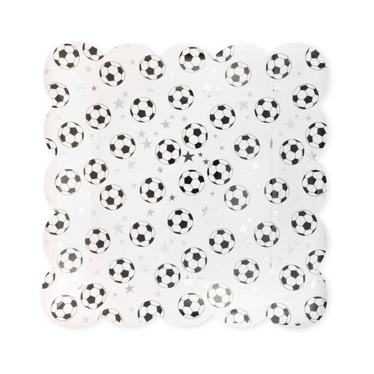 White paper plate with black and white soccer ball pattern on a white background