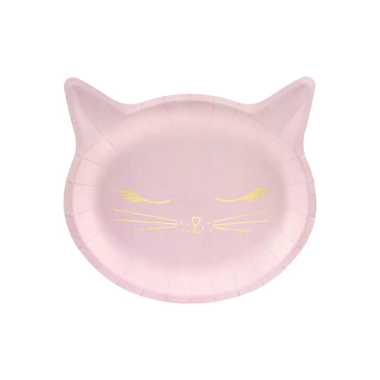 Pink cat-shaped paper plates with gold whiskers and details, ideal for serving snacks or cake at kitty-themed parties.