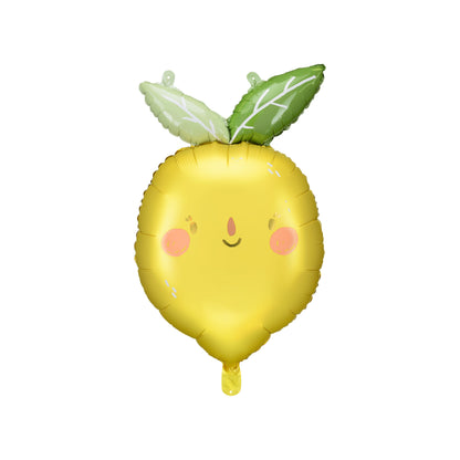 Smiling lemon foil balloon with green leaves – fruity summer party decoration