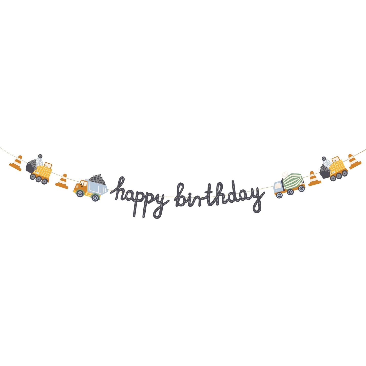 Birthday banner decorated with construction vehicles and traffic cones, featuring a playful 'Happy Birthday' message