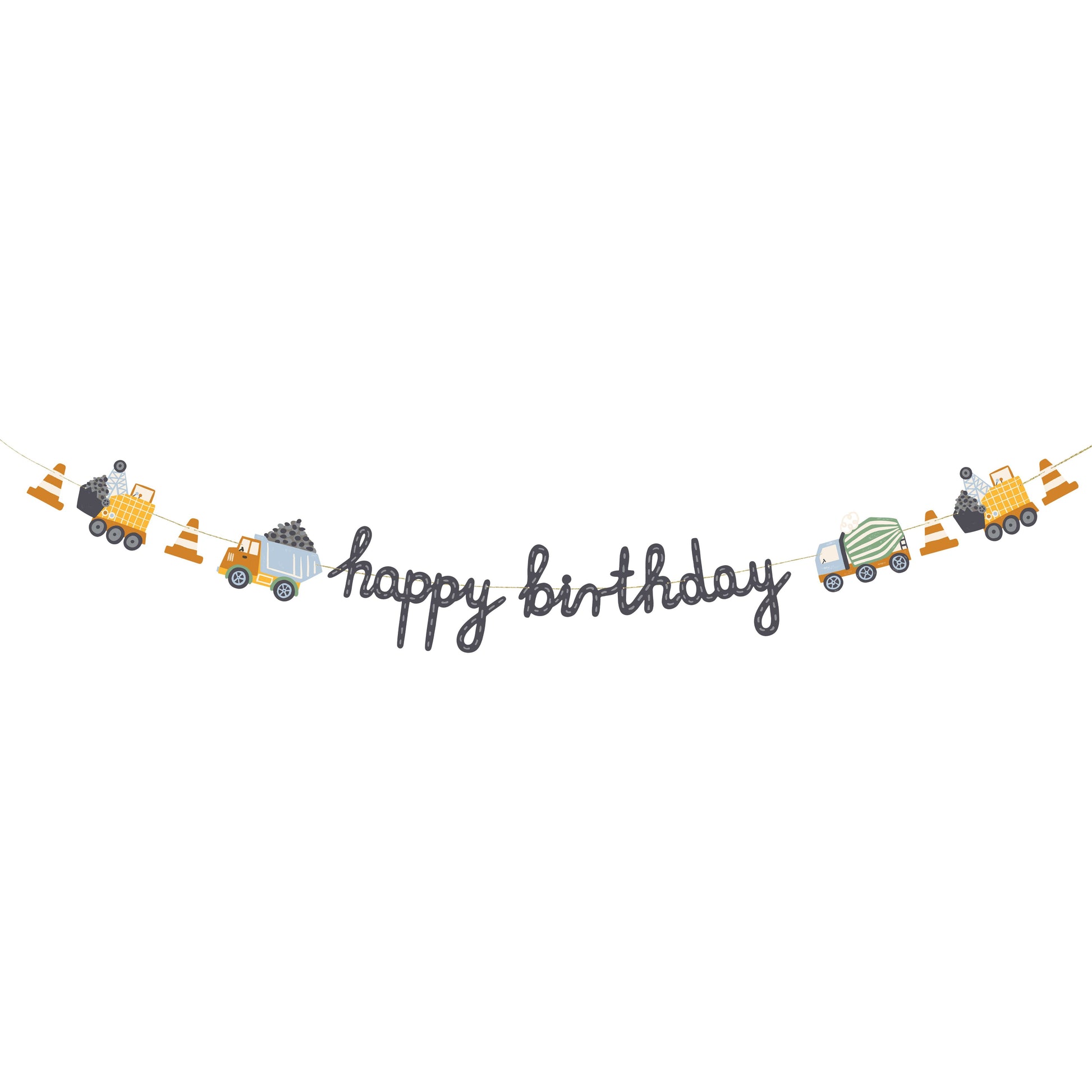 Birthday banner decorated with construction vehicles and traffic cones, featuring a playful 'Happy Birthday' message