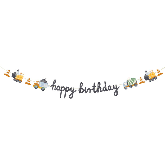Birthday banner decorated with construction vehicles and traffic cones, featuring a playful 'Happy Birthday' message