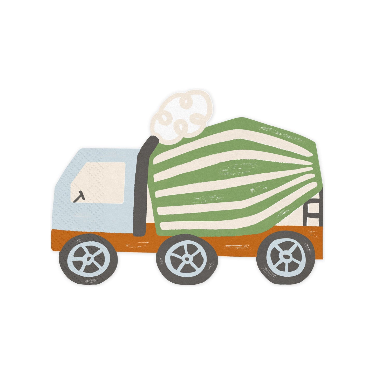 Paper napkin shaped like a cement mixer truck, perfect for construction or builder-themed parties