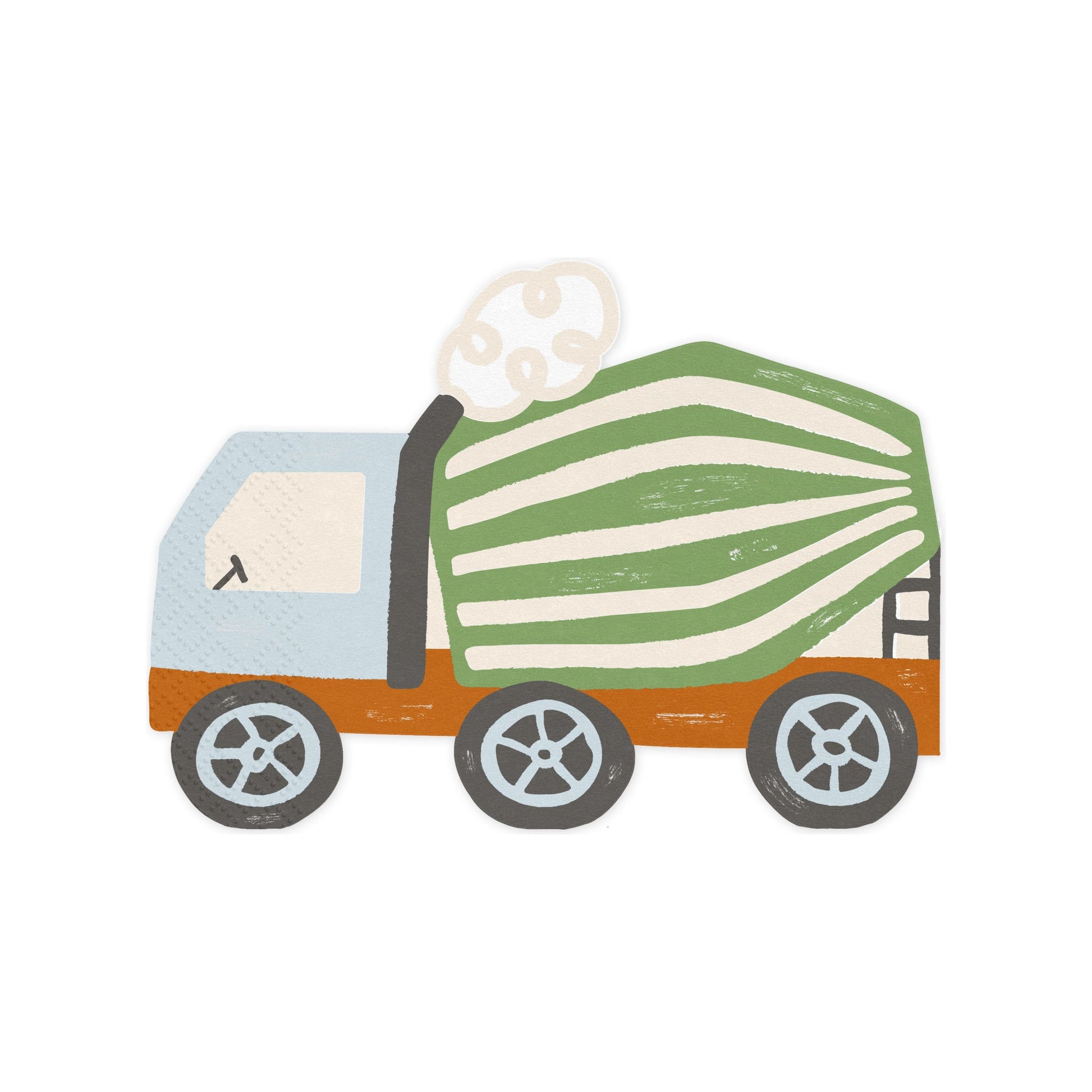 Paper napkin shaped like a cement mixer truck, perfect for construction or builder-themed parties