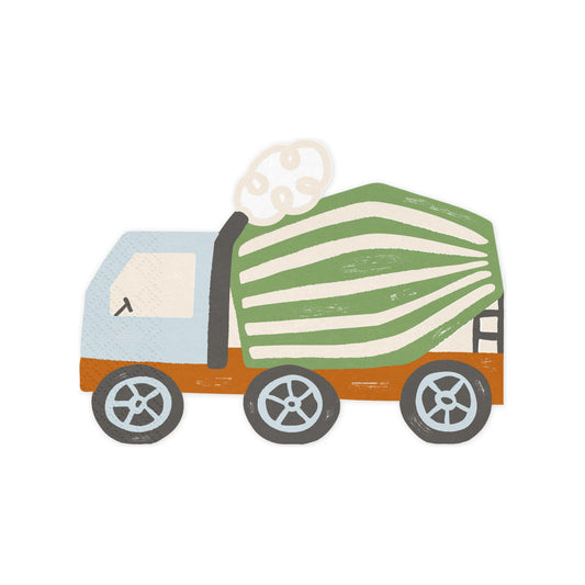 Paper napkin shaped like a cement mixer truck, perfect for construction or builder-themed parties