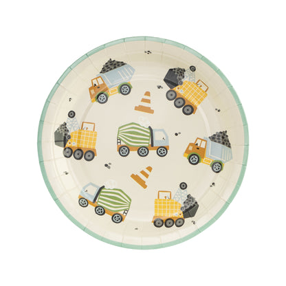 Birthday banner decorated with construction vehicles and traffic cones, featuring a playful 'Happy Birthday' message