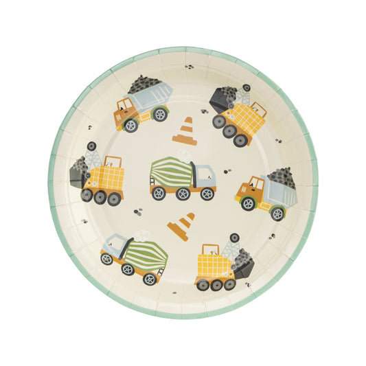 Birthday banner decorated with construction vehicles and traffic cones, featuring a playful 'Happy Birthday' message