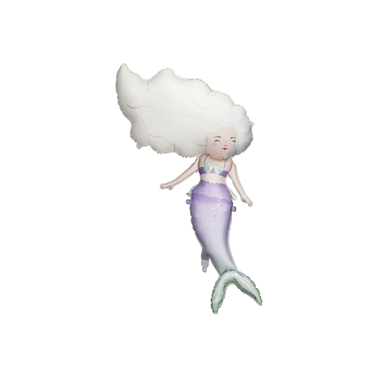 Large foil balloon shaped like a mermaid with long white hair and a purple tail — perfect for an under the sea themed party.