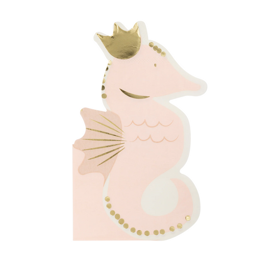 Pink seahorse napkin with gold accents on a white background