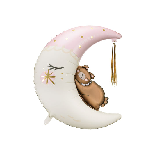 Pink moon foil balloon with teddy bear – charming foil balloon for baby girl welcome party