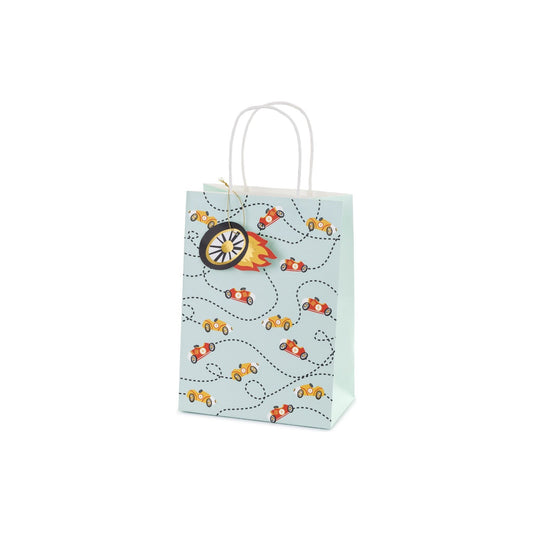 Gift bag decorated with colorful race cars and flames.