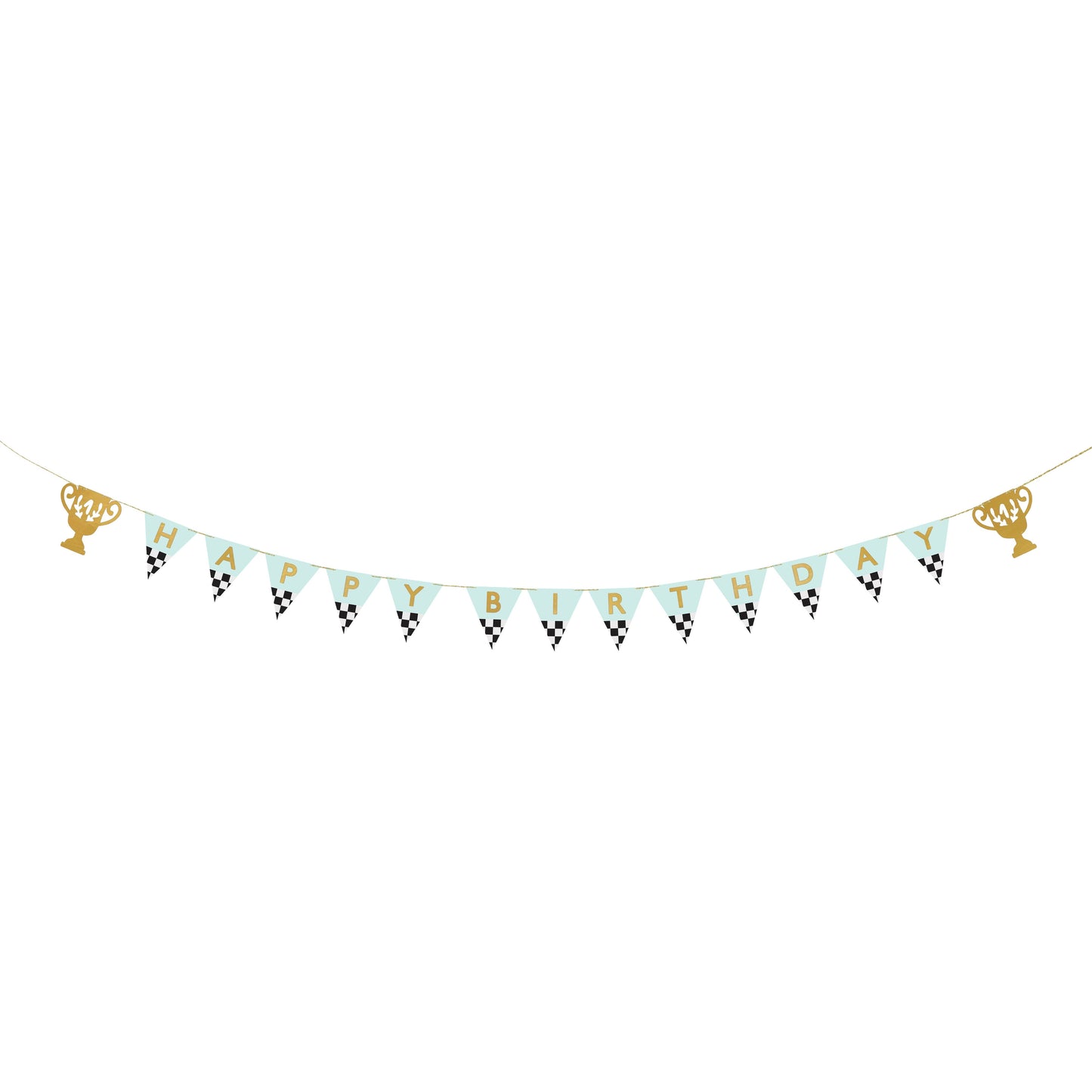 Birthday banner with checkered flags and race car motifs.