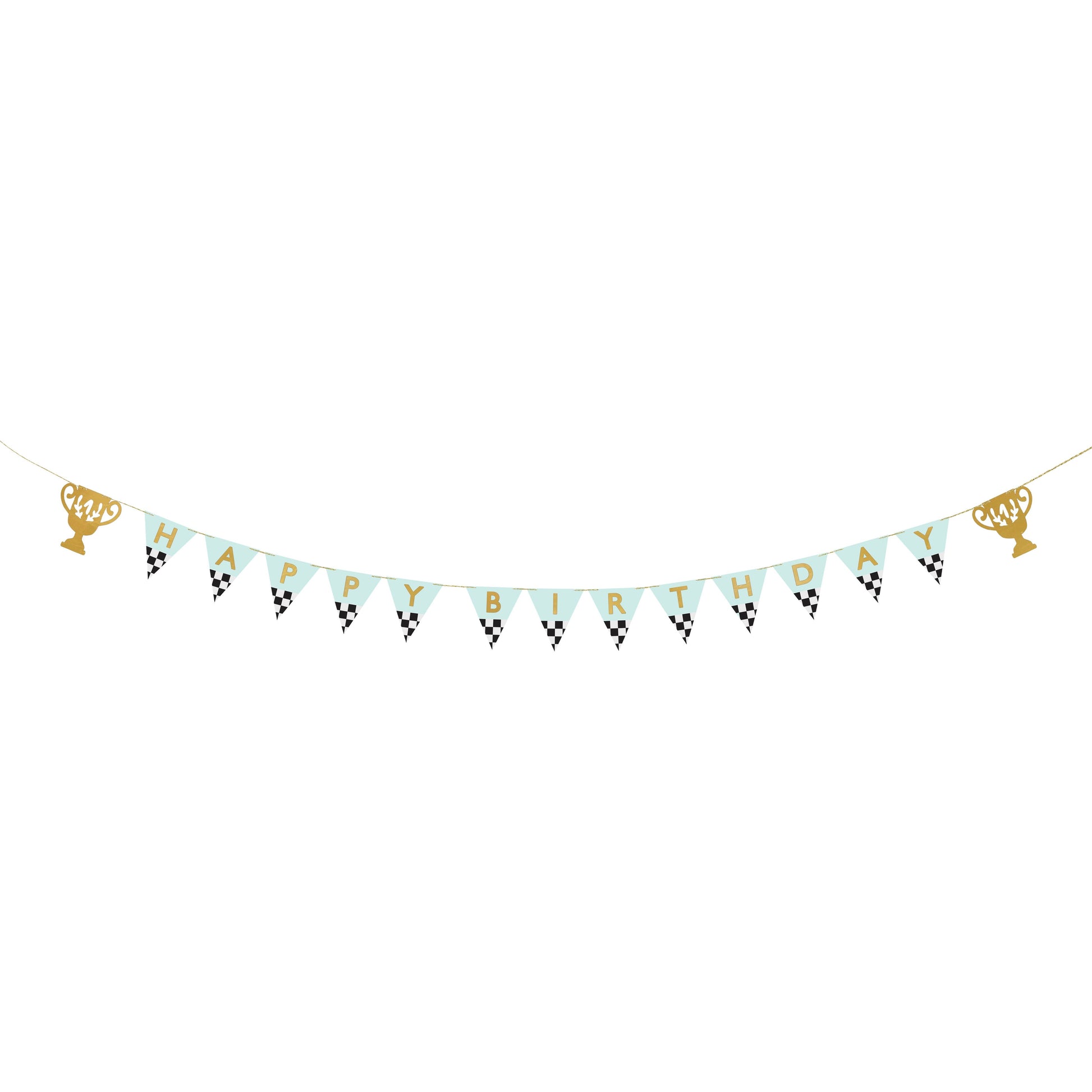 Birthday banner with checkered flags and race car motifs.