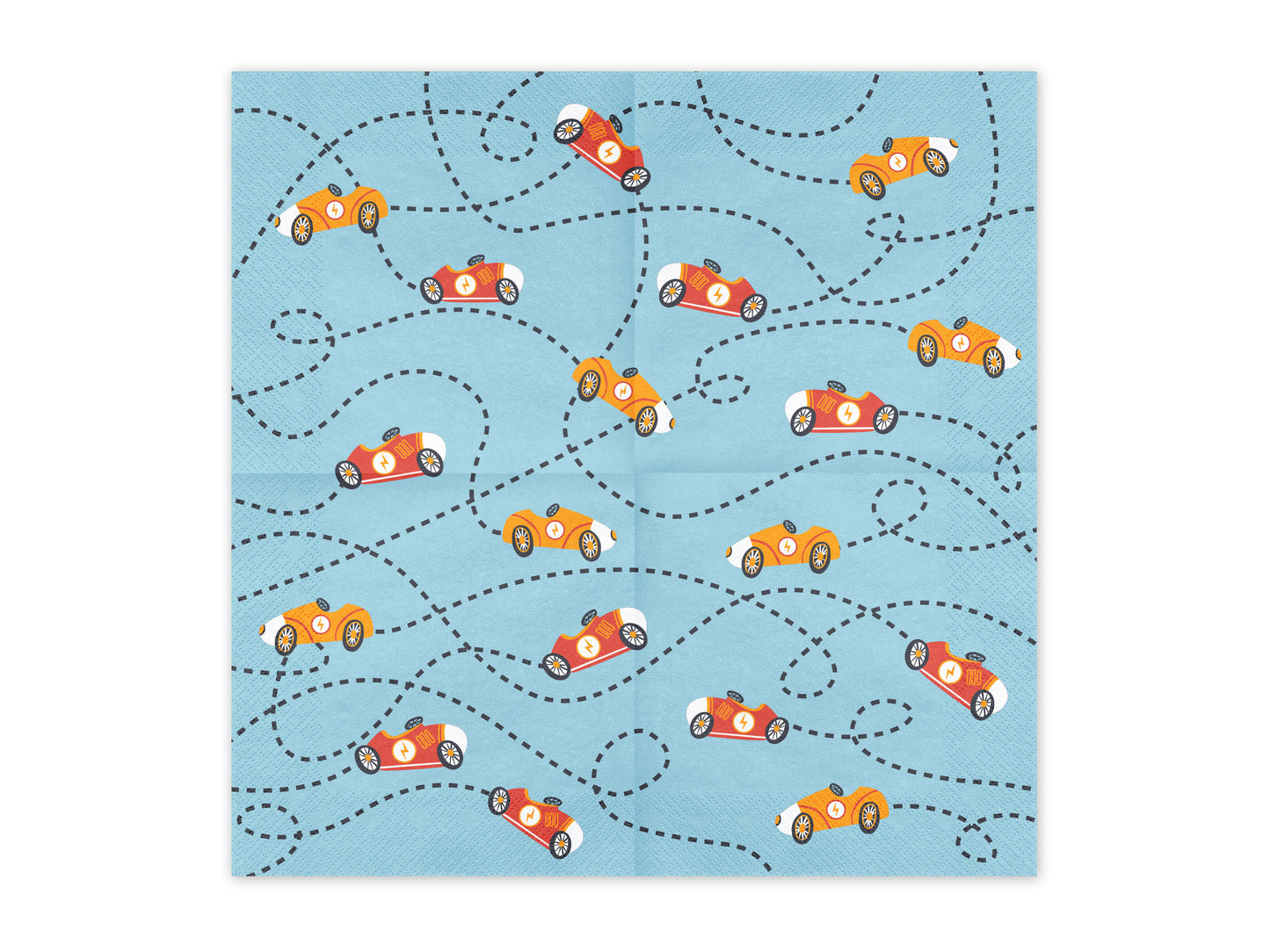 Napkins decorated with colorful vintage racing cars on blue.