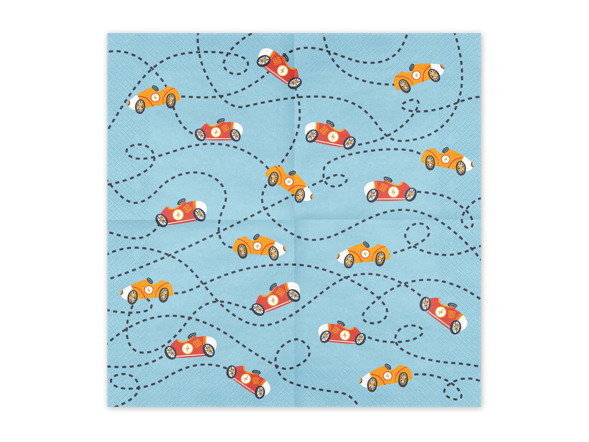 Napkins decorated with colorful vintage racing cars on blue.