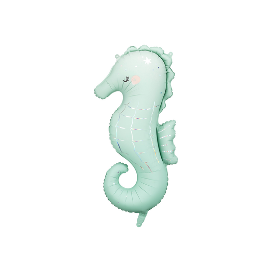 Mint green seahorse foil balloon with subtle holographic details — under the sea themed party decor.