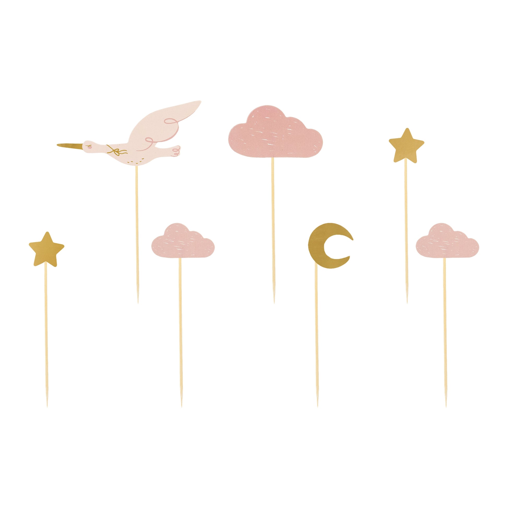 Stork cupcake toppers in soft pastel colors – baby shower or newborn celebration cake decorations